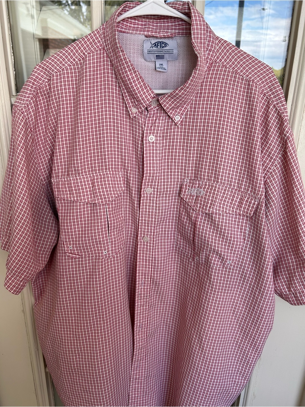 AFTCO Red and White Check Short Sleeve Button-Down Shirt